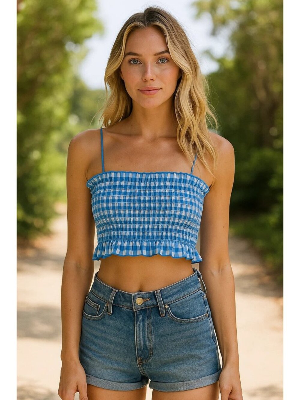 Colsie size Medium Blue Gingham Woven Bandeau Bralette NEW